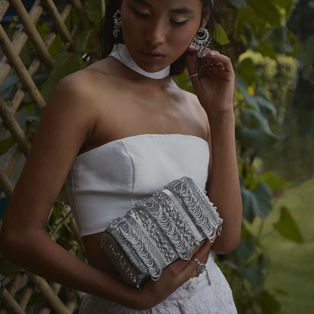 Ruche Flapover Clutch Lustrous Silver