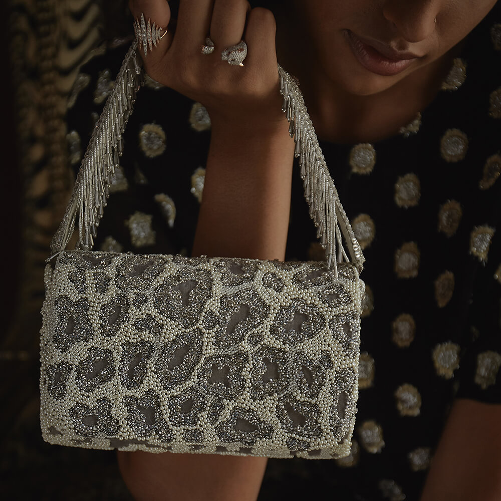 Chichi Flapover Clutch Lustrous Silver With Handle