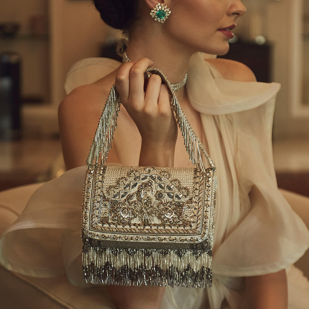 Kaleen Flapover Clutch Lustrous Silver With Handle