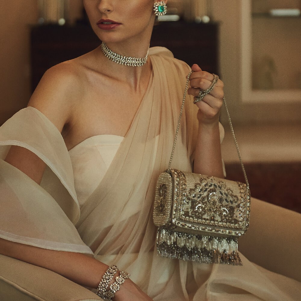 Kaleen Flapover Clutch Lustrous Silver With Handle