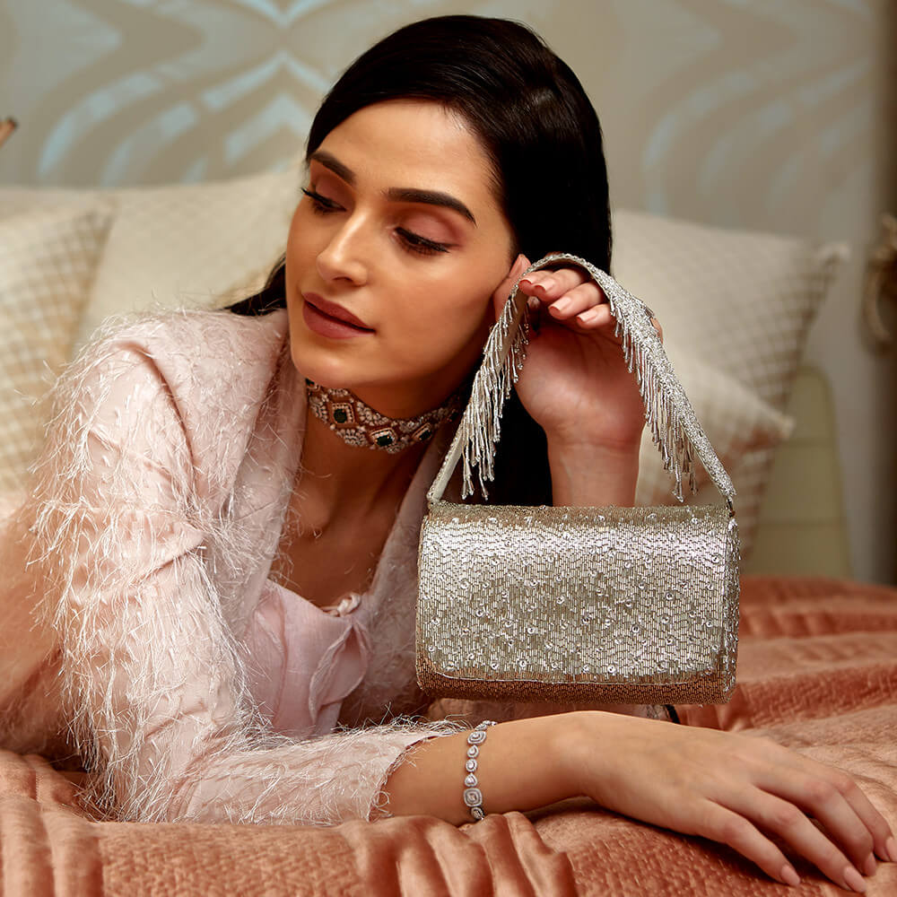 Eclat Flapover Clutch Lustrous Silver With Handle