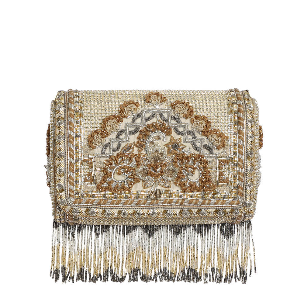 Kaleen Flapover Clutch Peerless Gold Lustrous Silver With Handle