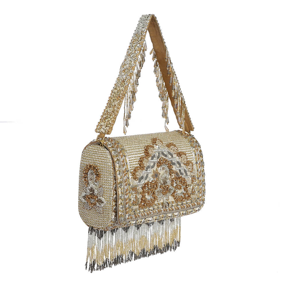 Kaleen Flapover Clutch Peerless Gold Lustrous Silver With Handle