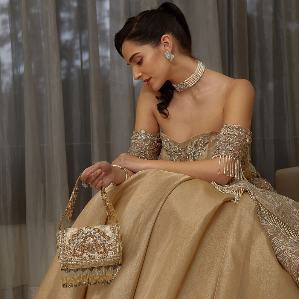 Kaleen Flapover Clutch Peerless Gold Lustrous Silver With Handle