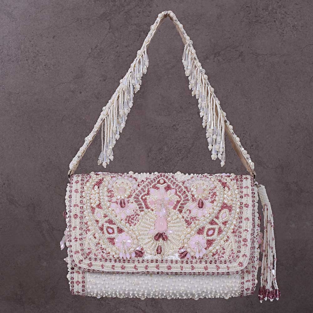 Bijoux Flapover Clutch Pristine Ivory Rose Quartz Pink with Handle