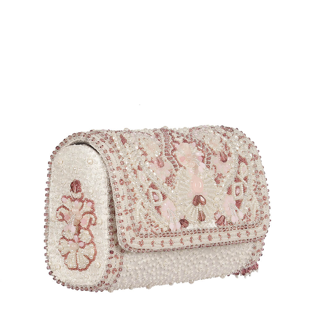 Bijoux Flapover Clutch Pristine Ivory Rose Quartz Pink with Handle