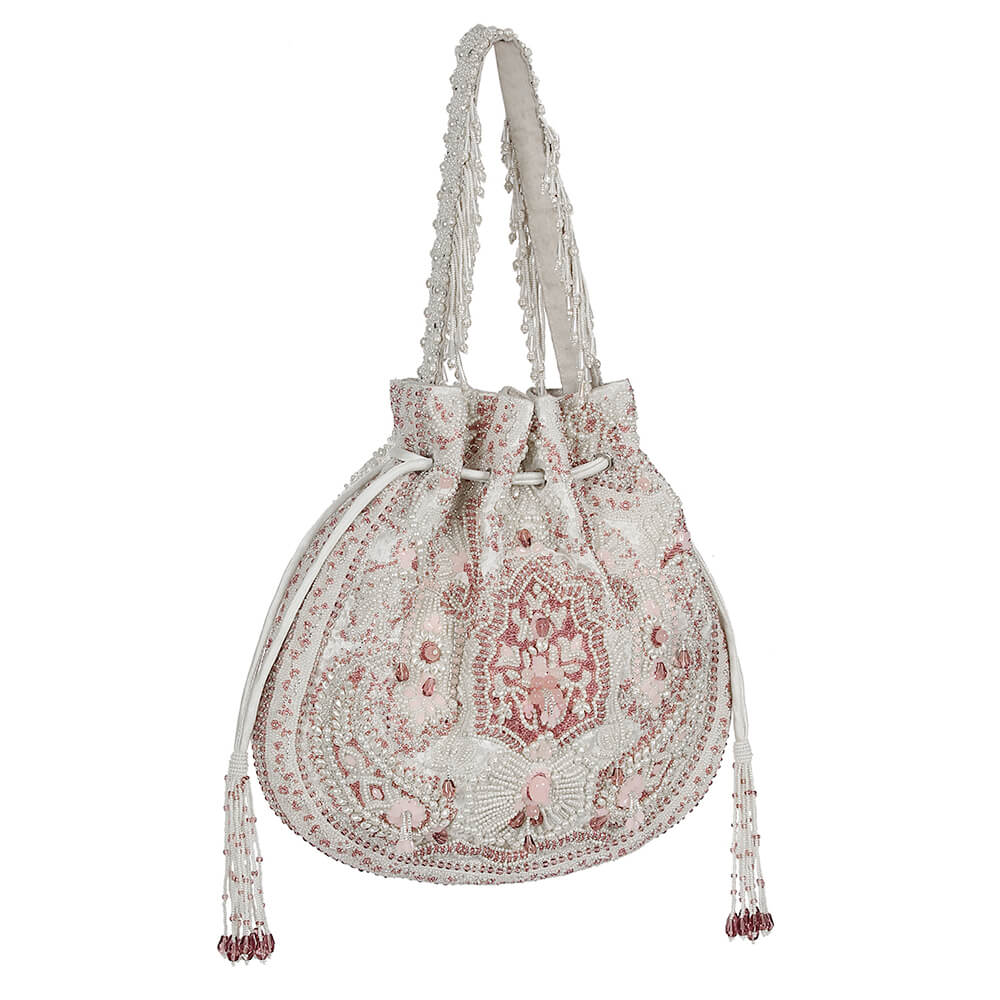 Bijoux Potli Pristine Ivory Rose Quartz Pink With Handle