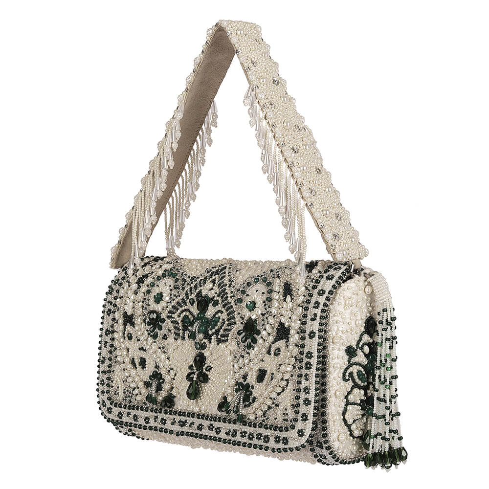 Bijoux Flapover Clutch Pristine Ivory Emerald Green With Handle