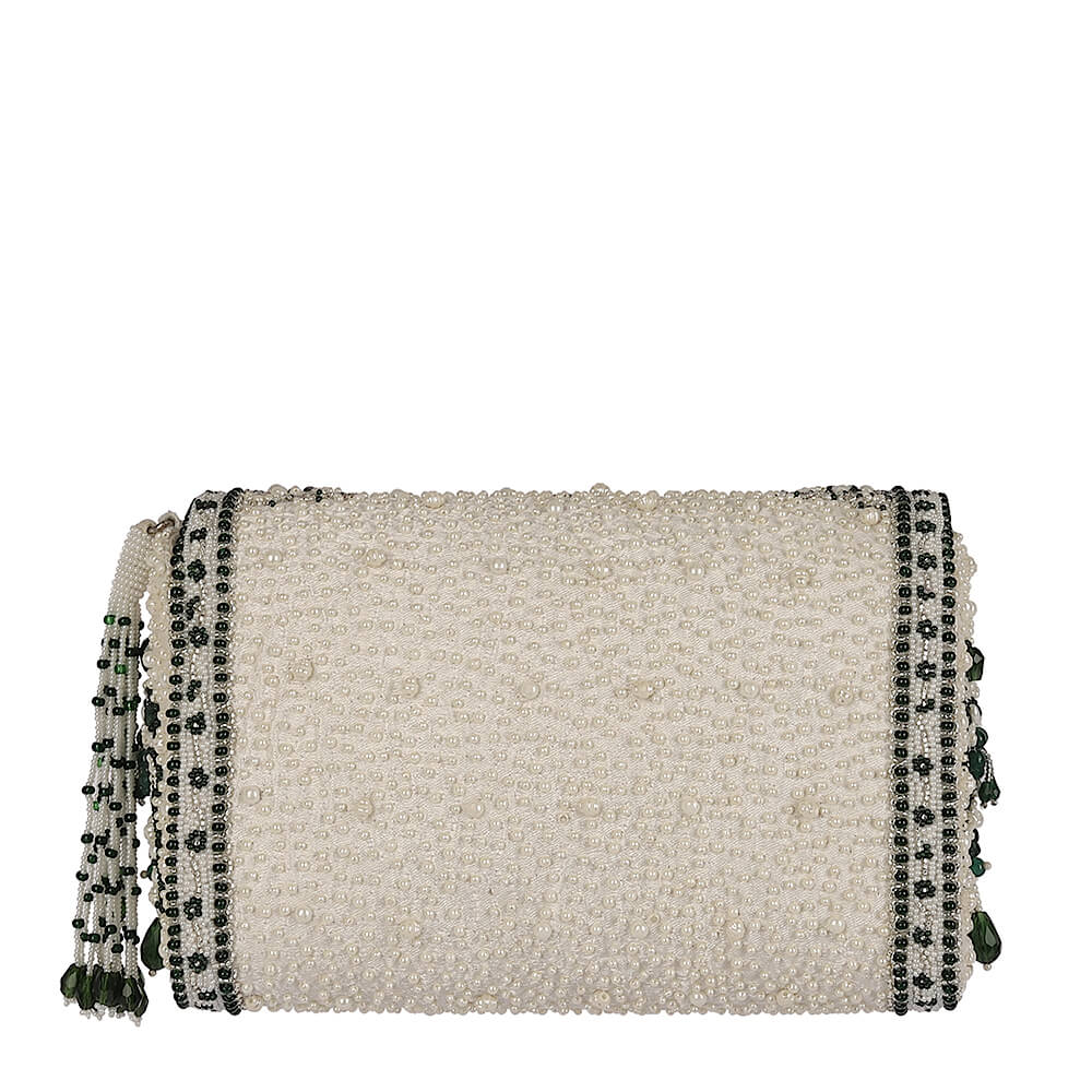 Bijoux Flapover Clutch Pristine Ivory Emerald Green With Handle