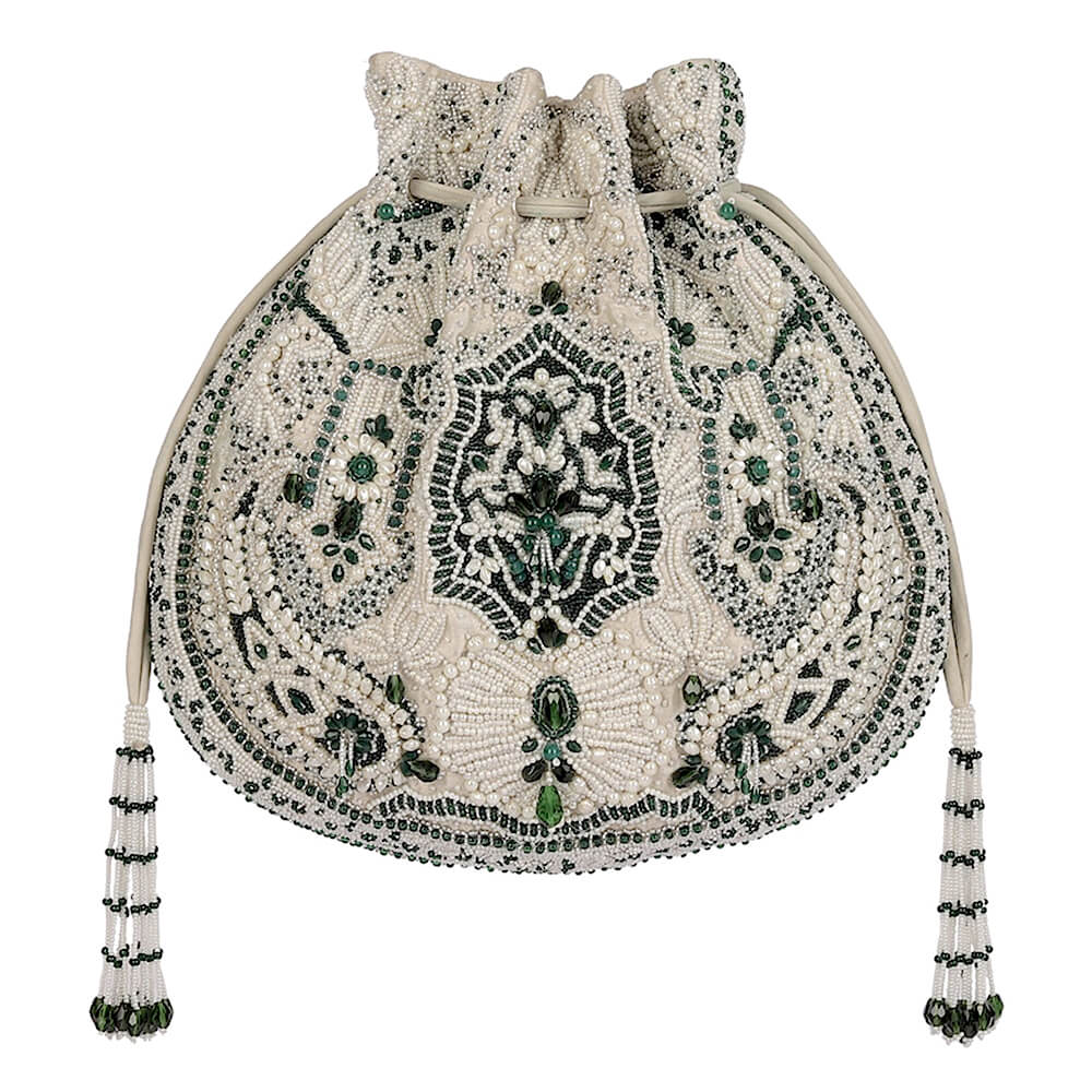 Bijoux Potli Pristine Ivory Emerald Green With Handle