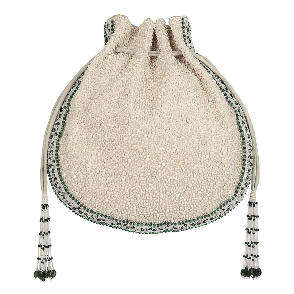 Bijoux Potli Pristine Ivory Emerald Green With Handle