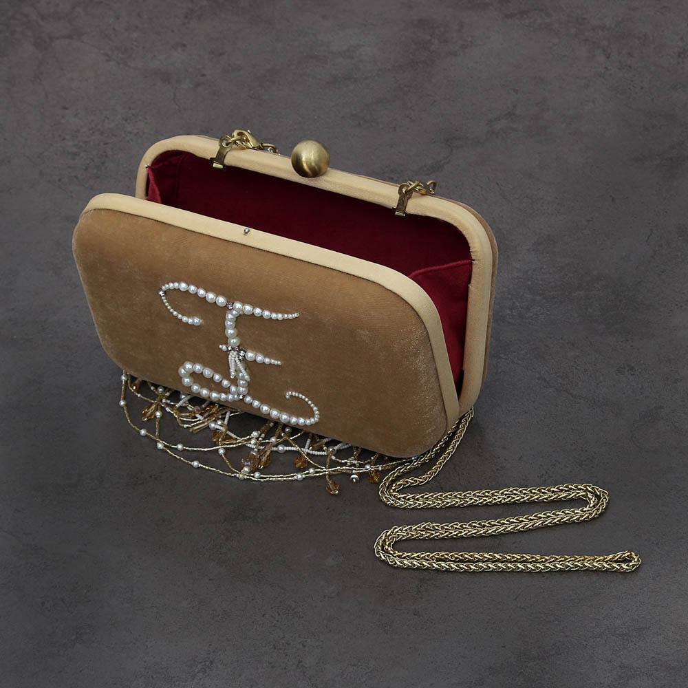Monogram Pearl Box Clutch Champagne Beige