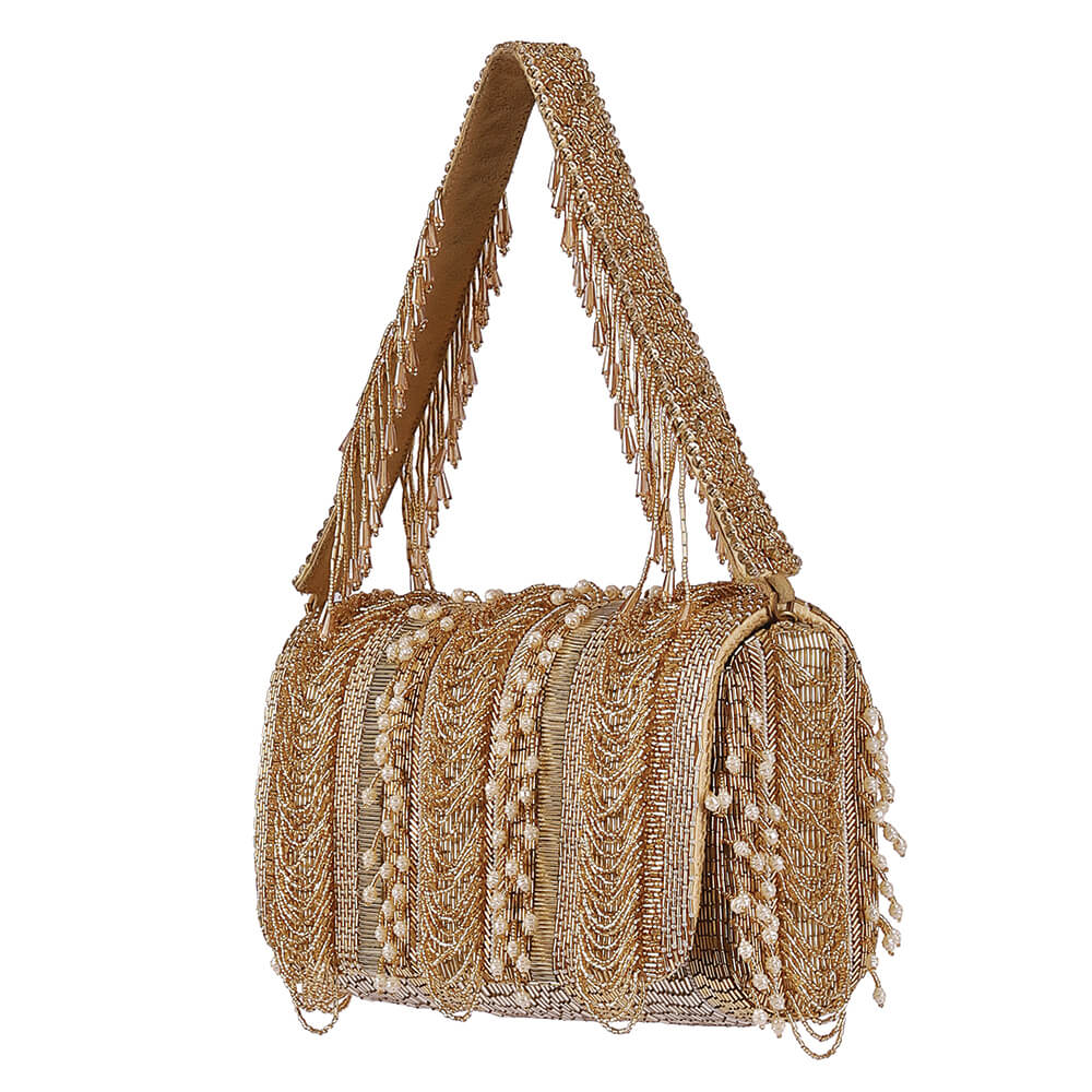 Ruche Flapover Clutch Peerless Gold With Handle