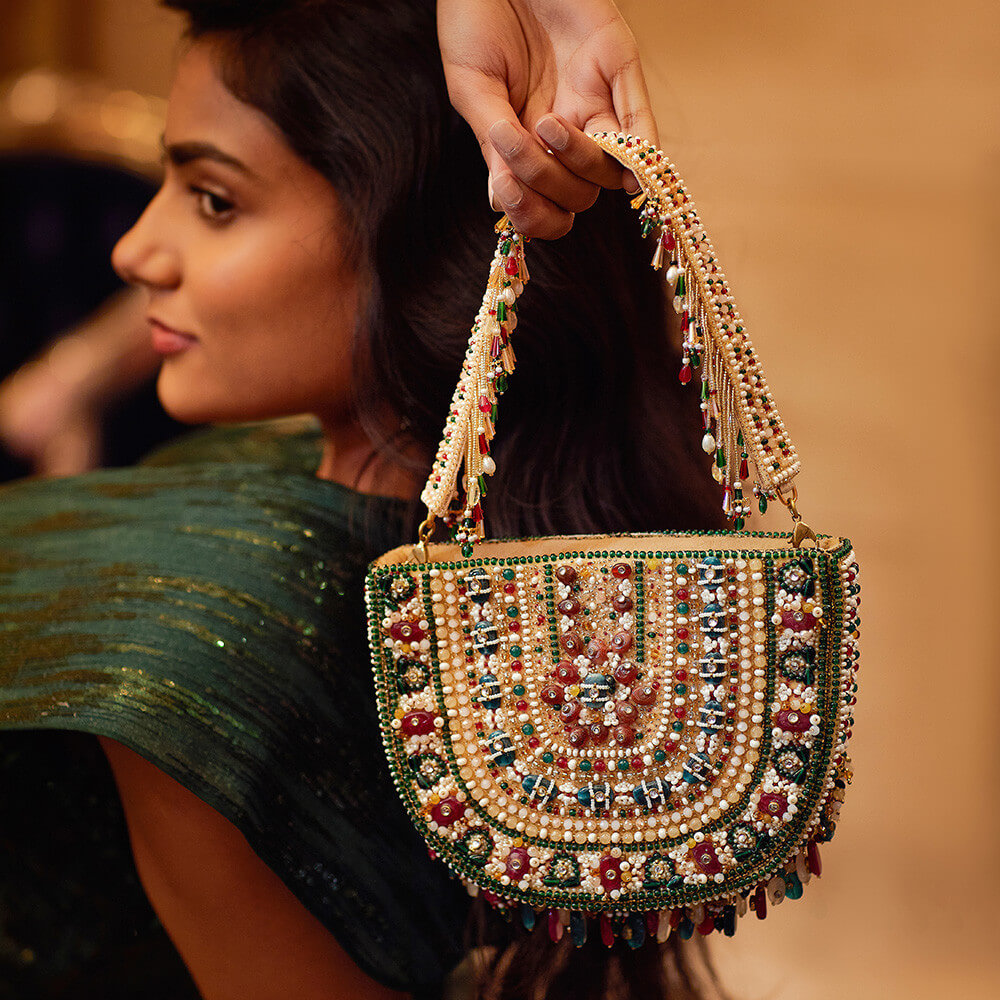 Amara Moon Clutch Ruby Red Emerald Green MULTI With Handle