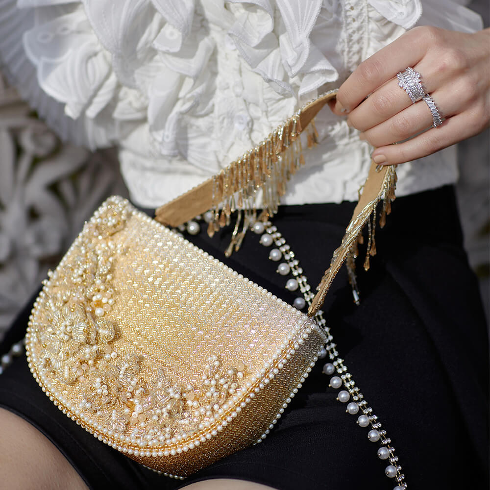 Esme Moon Clutch Peerless Gold Lustrous Silver With Handle