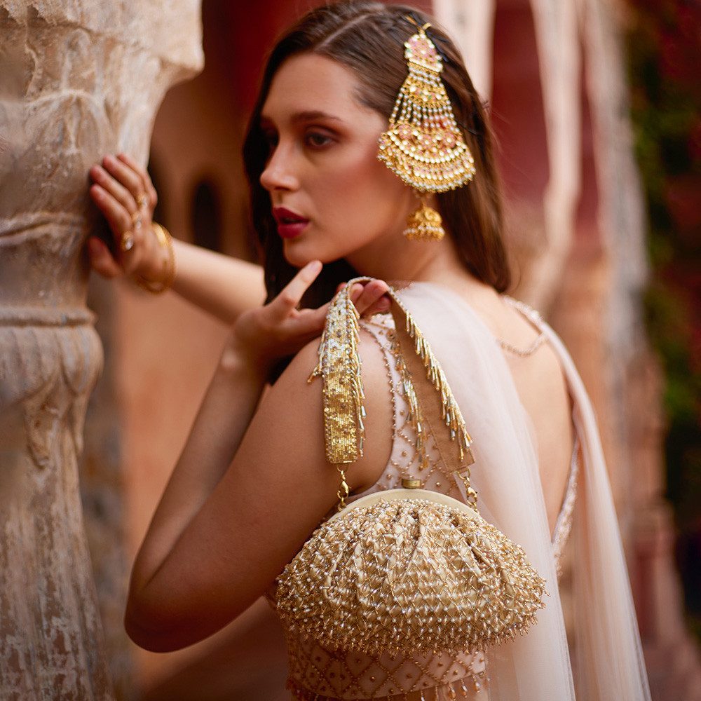 Joel Soft Pouch Peerless Gold Lustrous Silver With Handle