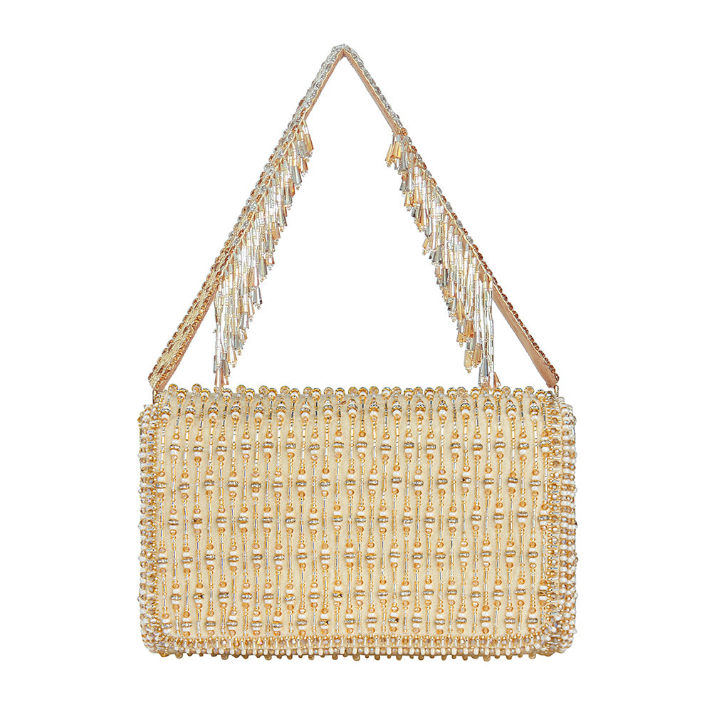 Zesha Flapover Clutch Peerless Gold Lustrous Silver With Handle