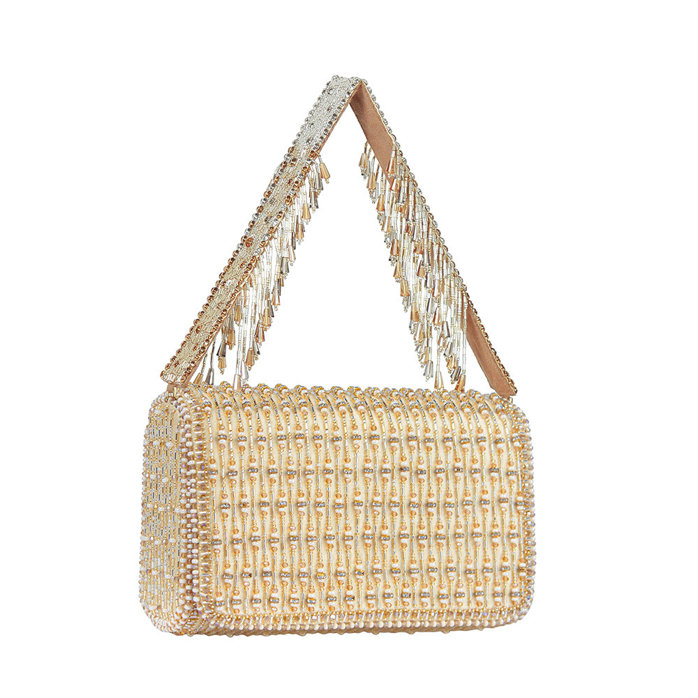Zesha Flapover Clutch Peerless Gold Lustrous Silver With Handle