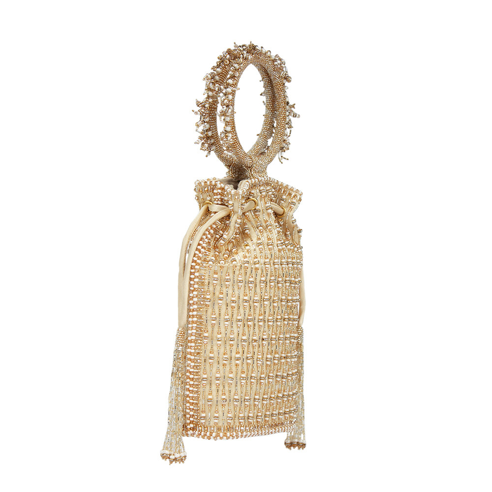 Zesha Mini Tablet Potli Peerless Gold Lustrous Silver With Bangle Handle